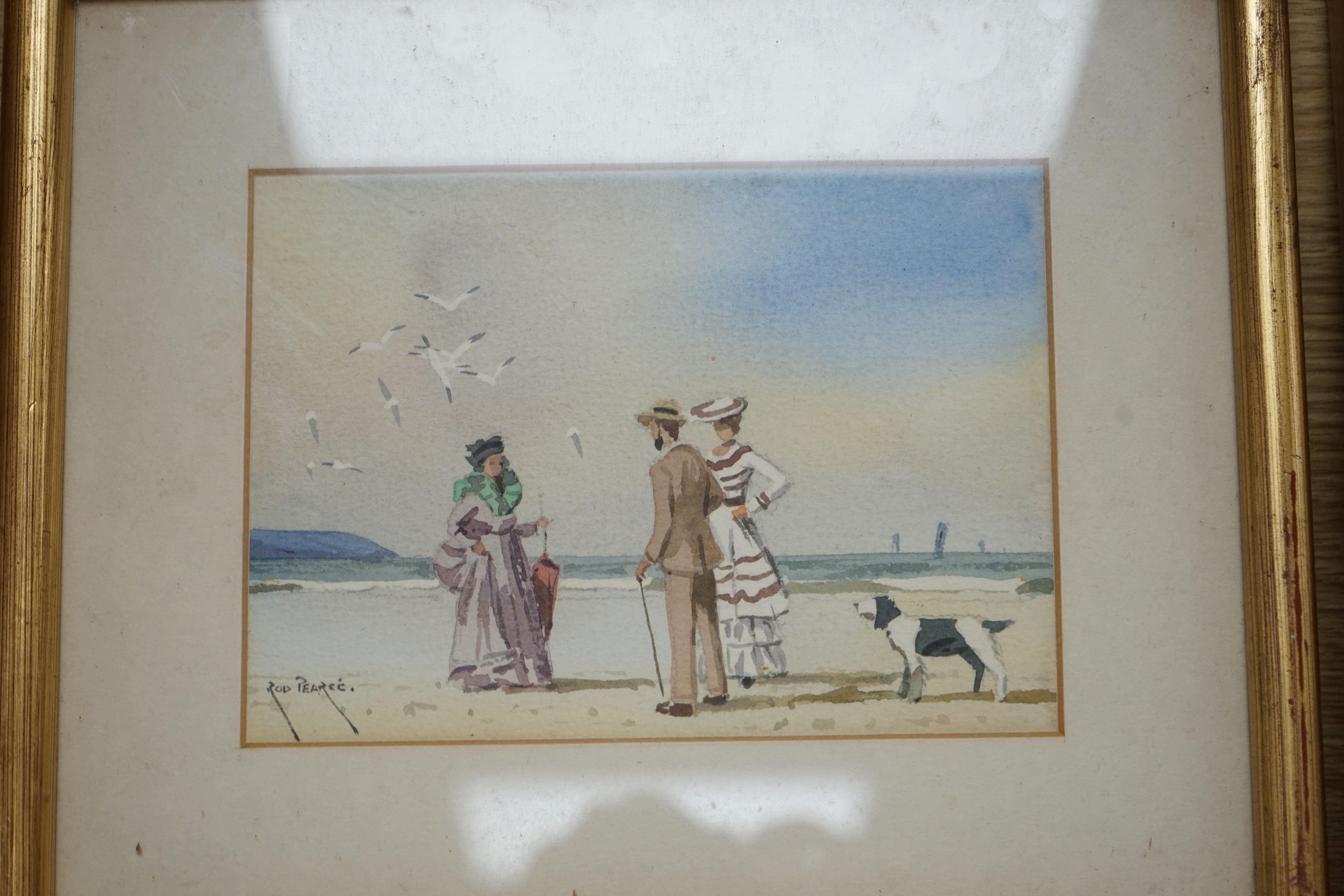 Rod Pearce (b.1942), pair of watercolours, Edwardians on the beach, signed, 13 x 18cm